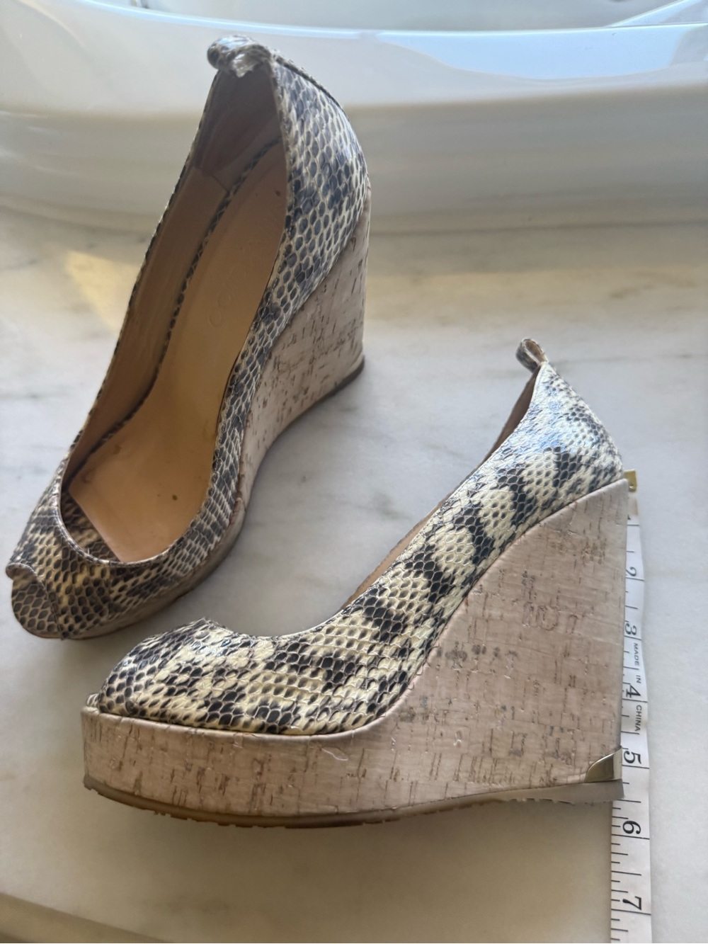 Jimmy Choo Python Print Cork Wedge Peep Toe Pumps Size 38
